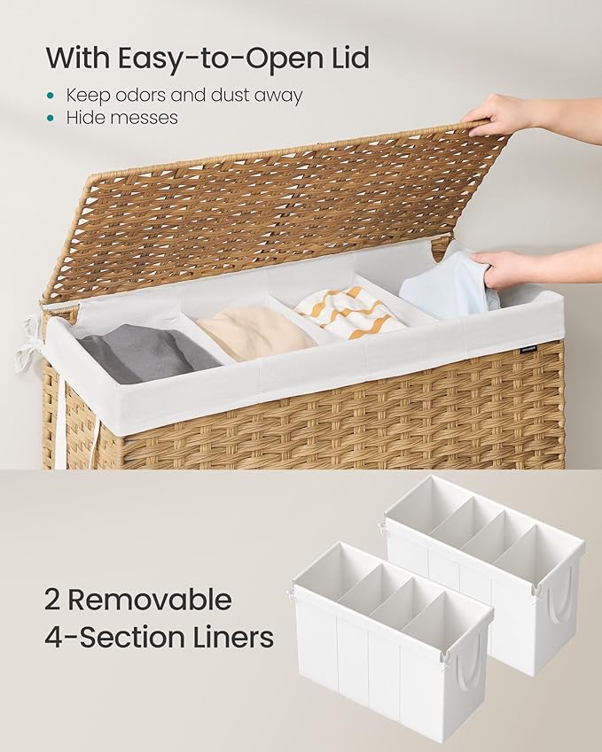 SONGMICS Laundry Hamper with Lid, 200L 4-Section Wicker Basket, 6 Mesh Bags - Image 3