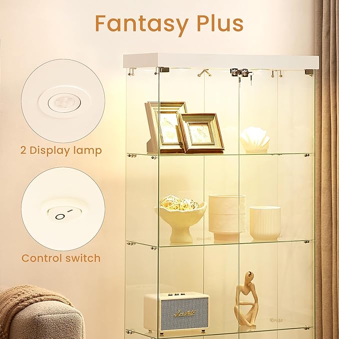 Yoluckea 4 Shelves Glass Display Cabinet with Light and 2 Doors, Floor Standing Clear Glass Curio Cabinet Collection Display for Living Room Bedroom 66.3” x 31.5” x 14.2” White