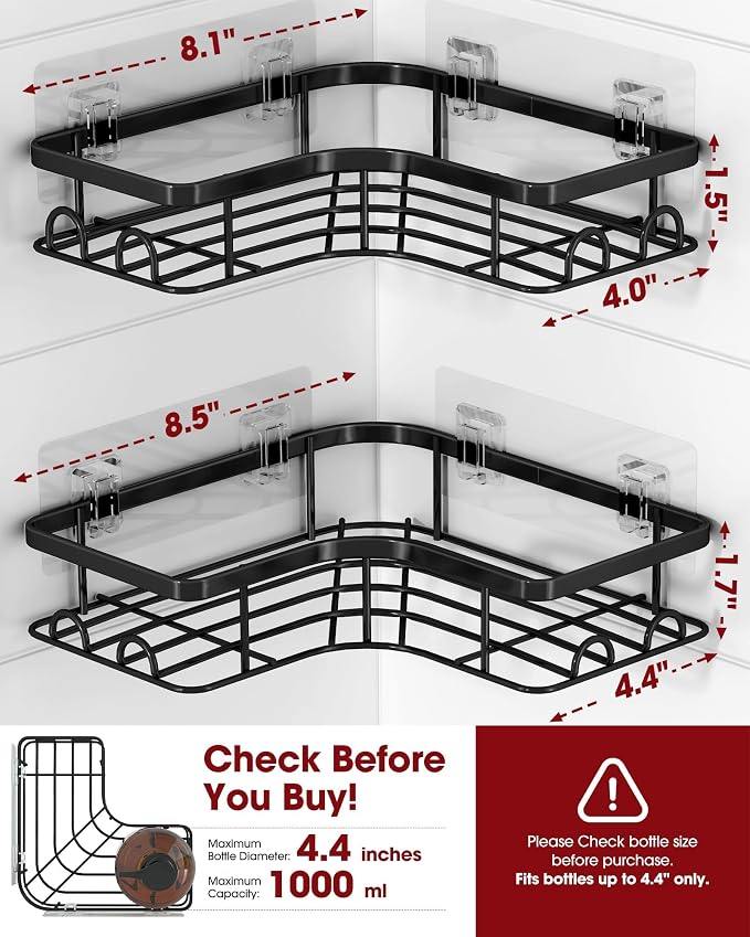 Sakugi Black Corner Shower Caddy Adhesive No Drilling Bathroom Shelves - Image 3