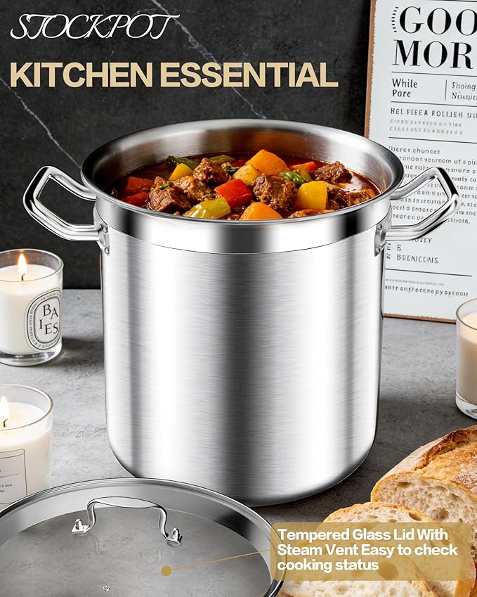 Stainless Steel Stock Pot with Lid – 24 Quart (6 Gallon) Heavy-Duty Cooking Pot for Soup, Stew, Pasta – Commercial & Home Use, Easy to Clean