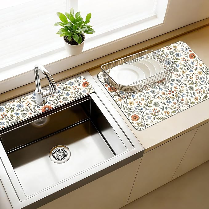 3 Pcs 2 Size Kitchen Sink Splash Guard Faucet Mat Wildflower Pattern Faucet Mat by CONCHLERY%E6%97%97%E8%88%B0%E5%BA%97