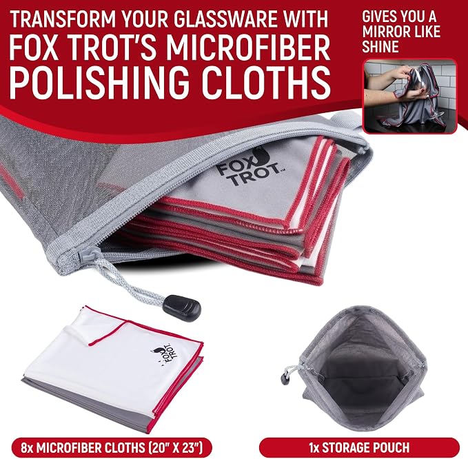 Fox Trot Wine Glass Polishing Cloths, 8 Pack, Storage Pouch Included - Image 2