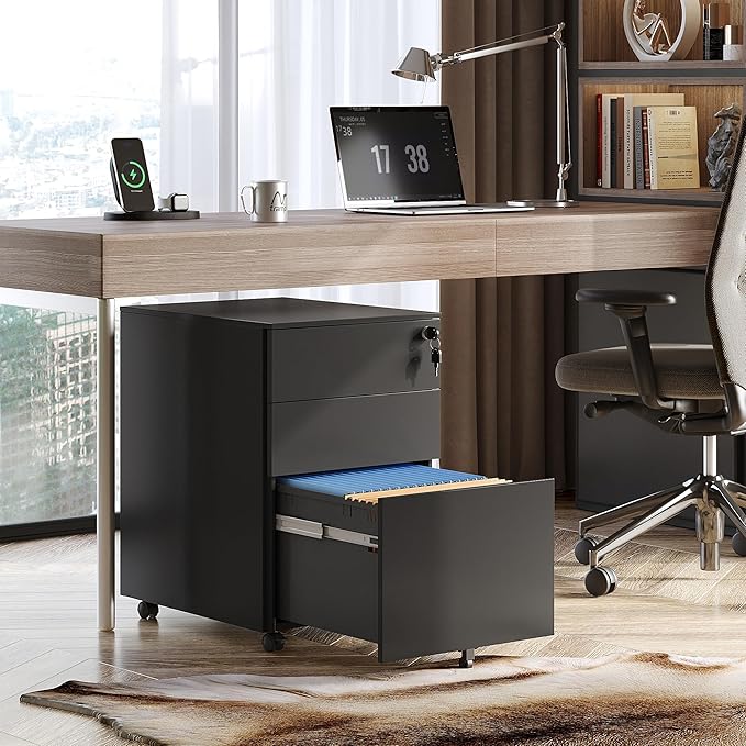 DEVAISE 3 Drawer File Cabinet with Lock, Rolling Black Filing Cabinet Organizer Under Desk, Fully Assembled Mobile Storage with Wheels & Anti-Tip Caster, for Home Office
