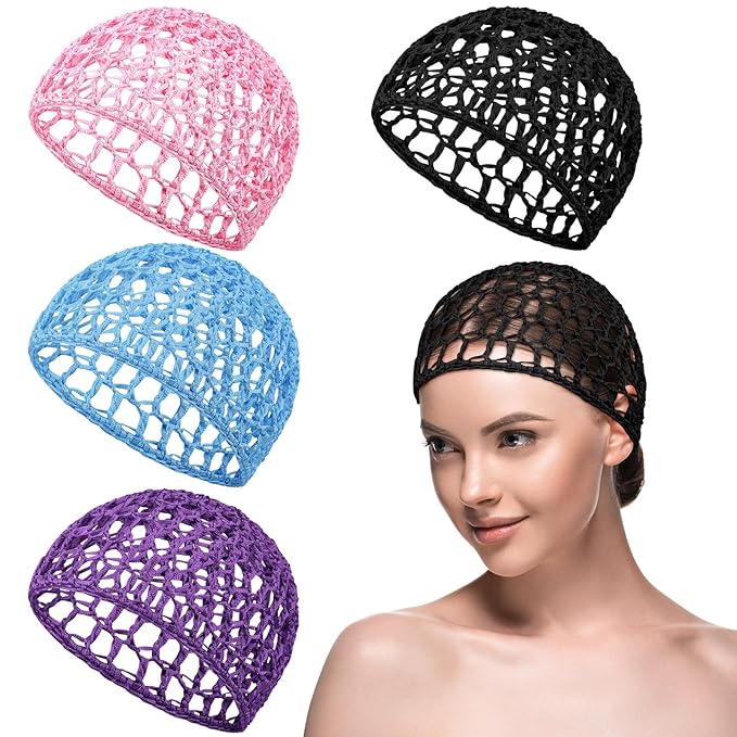 Geyoga 4 Pieces Mesh Crochet Hair Net Rayon Knit Snood Hat Thick Short Women Hairnet Snoods Cover Ornament for Sleeping (Black,Purple,Blue,Pink)