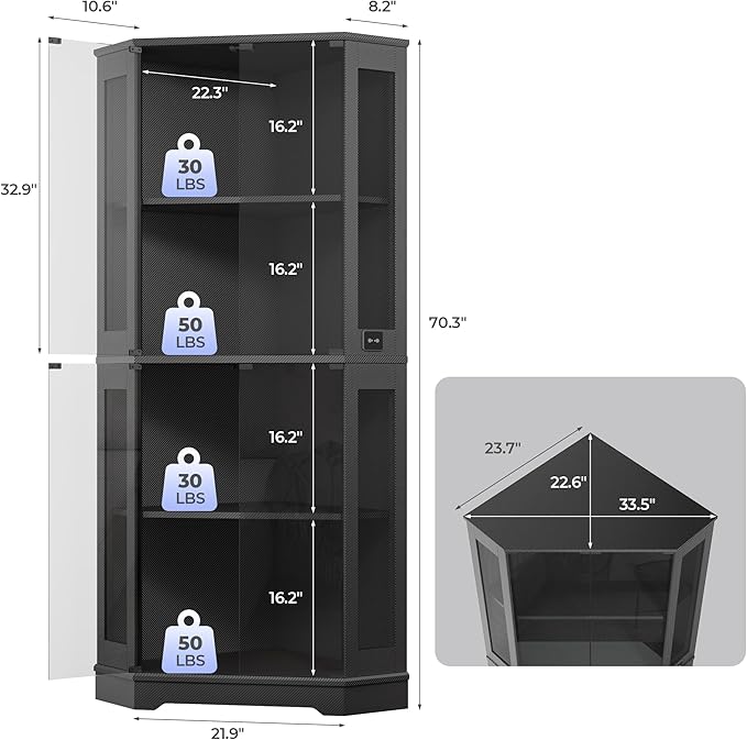 IRONCK 71 Inch Carbon Fiber Corner Glass Display Cabinet with Human Body Sensor & 6-Color LED Lights, 4-Tier Tempered Glass Display Case with 2 Adjustable Shelves for Collectibles, Toys, Black
