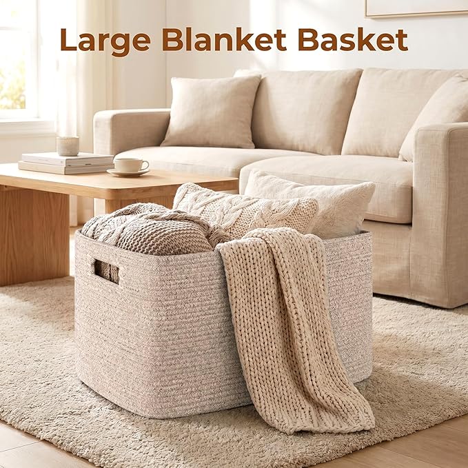 OIAHOMY 75L Large Blanket Basket Woven Cotton Rope Storage Basket Brown - Image 2
