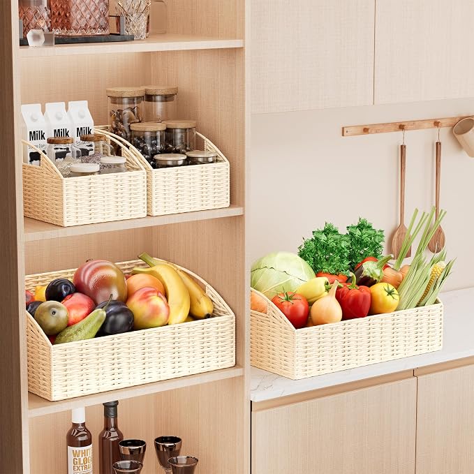 Pantry Baskets for Organizing, Wicker Storage Basket Beige - Image 2