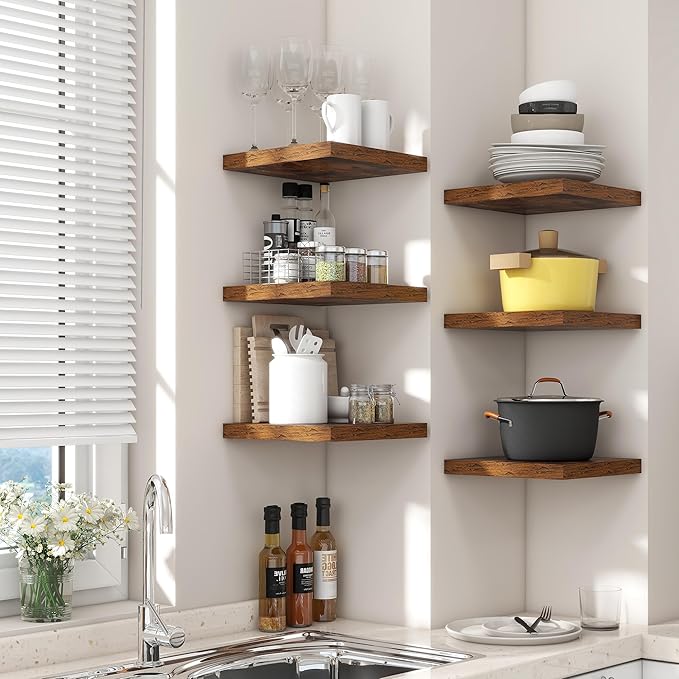 Square Floating Shelves for Wall 8"W x 8"D x 1.2"H, Engineered Wood Wall Shelves with Invisible Brackets for Living Room Bedroom Bathroom Office Kitchen Storage & Decor, Rustic Brown Finish, Set of 3