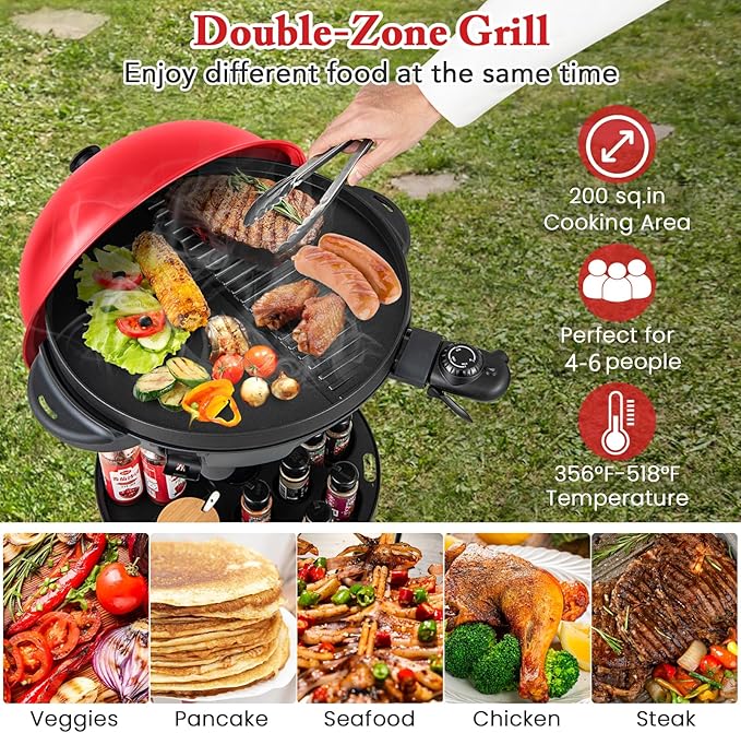 Giantex Electric Grill Outdoor, 1200W Electric BBQ Grills Outdoor Cooking with Lid & Thermometer, Nonstick Griddle, Drip Tray, 2-in-1 Freestanding & Tabletop Grill for Apartments Backyard Party, Red