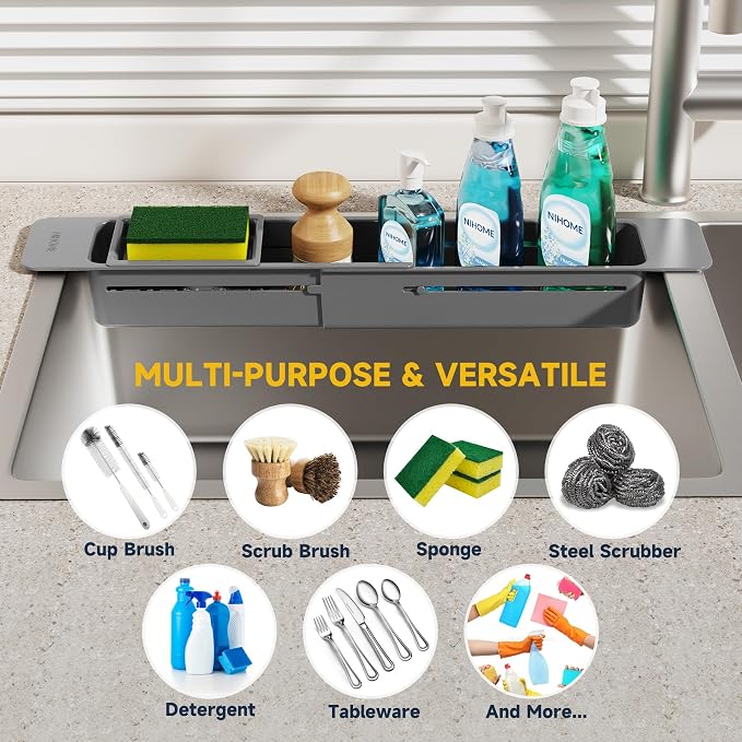 NiHome Extendable Kitchen Sink Caddy Extra Long Brush Sponge Storage Holder - Image 7