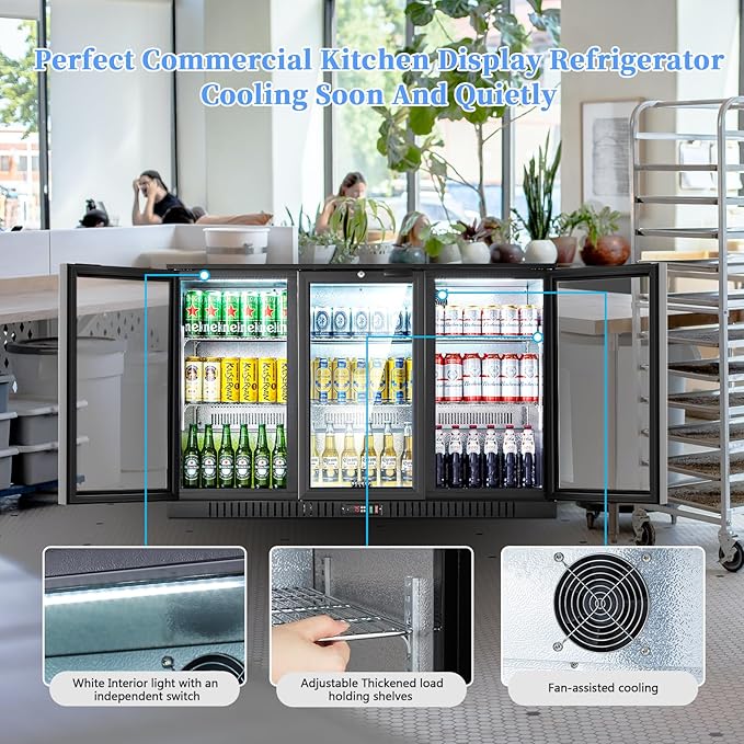 BODEGACOOLER Back Bar Cooler With 3 Glass Doors,Counter Height Commercial Beverage Refrigerator,11.4 Cu.Ft Display Bar Beverage Fridge with LED Lighting,21 inch Cooler for Beer,Soda Drinks,Wine