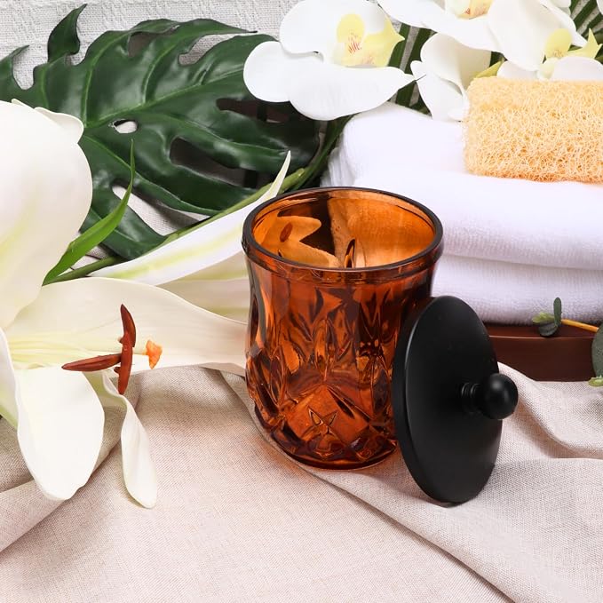 10Oz Amber Q-Tip Holder, Round Thick Glass & Zinc Alloy Lid - Image 2
