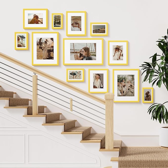Vittanly 11x14 Picture Frame Set of 2, Solid Wood Frame for Wall Art Photo and Prints, Display Photo 8x10 with Mat or 11x14 without Mat, Yellow