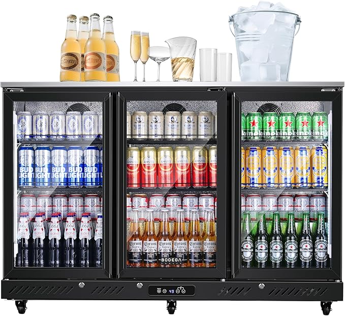 BODEGACOOLER Commercial Bar Cooler With 3 Glass Doors,12 Cu.Ft Counter Height Back Beverage Refrigerator,Display Bar Fridge with LED Lighting,Beverage Cooler for Beer Stainless Steel Top,With Casters