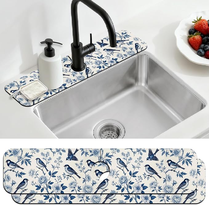 2 Pcs Blue Flowers and Birds Kitchen Sink Splash Guard Faucet Mat | Faucet Mat by CONCHLERY%E6%97%97%E8%88%B0%E5%BA%97