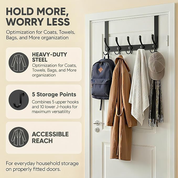 Over The Door Hooks, Coat Rack for Hanging Clothes Hat Towel … - Image 4