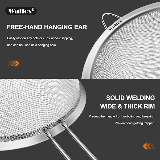 Walfos 7.8 Inch Fine Mesh Strainer, Premium Stainless Steel Colanders and Sifters, with Reinforced Frame and Sturdy Handle, Perfect for Sift, Strain, Drain and Rinse Vegetables, Pastas and Tea