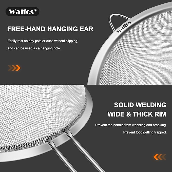 Walfos 6.95 Inch Fine Mesh Strainers, Premium Stainless Steel Colanders and Sifters, with Reinforced Frame and Sturdy Handle, Perfect for Sift, Strain, Drain and Rinse Vegetables, Pastas and Tea
