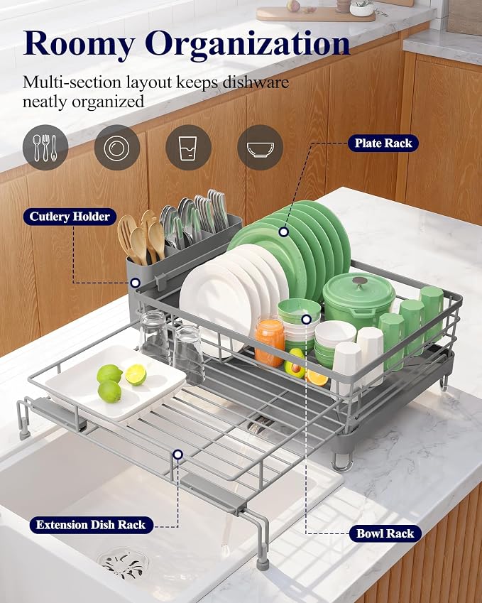Kitsure Adjustable Dish Drying Rack, 15.6''-25.2''L × 16.9''W, Rust-Resistant - Image 2