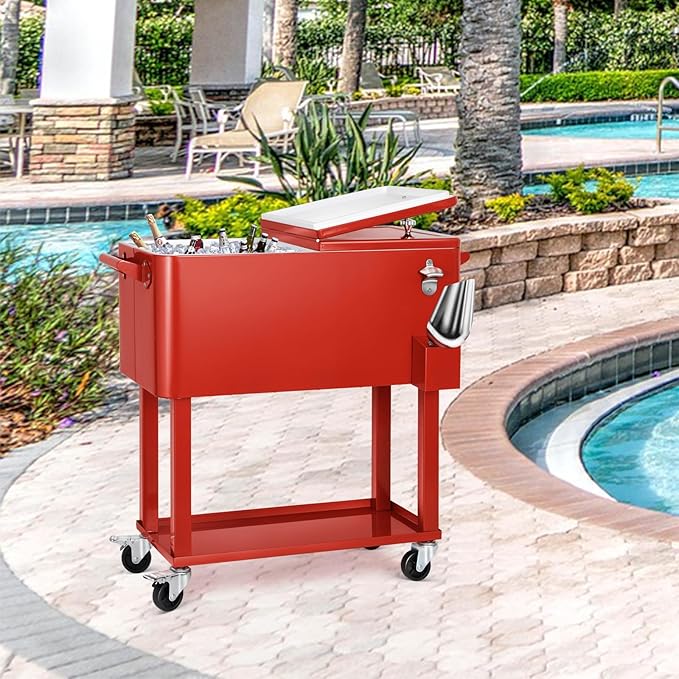 EDOSTORY 80 Quart Rolling Ice Chest Cooler Cart,Patio Backyard Party Drink Beverage Bar Stand Up Cooler Trolley with Ice Scoop