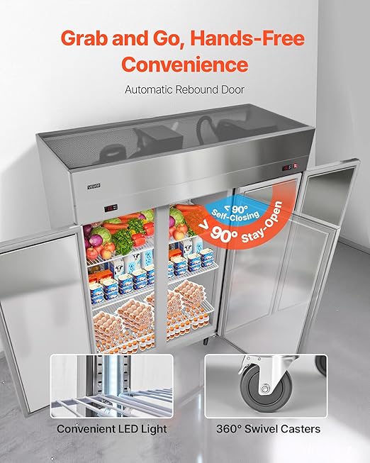 VEVOR Commercial Refrigerator and Freezer Combo 72"W, 51 Cu.Ft Stainless Steel Upright Freezer/Refrigerator with Three Doors, Auto-Defrost, 9 Adjustable Shelves, UL Certified