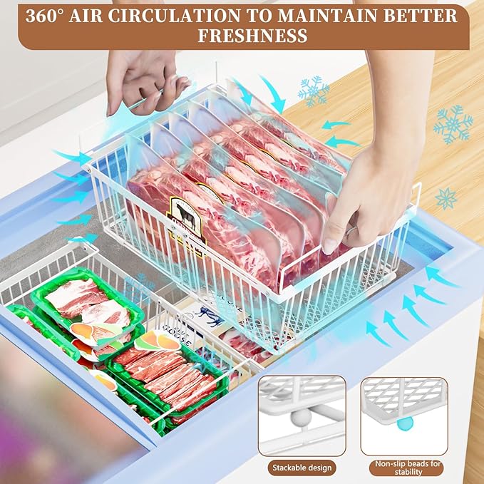 Large Freezer Organizer Bins，Upgraded Bottom Leak-Proof net，3 Pack， Expandable Stackable Chest Freezer Containers with Handle，for Fridge, Deep Freezer, Cabinet, Kitchen, Pantry (White-3Pack)