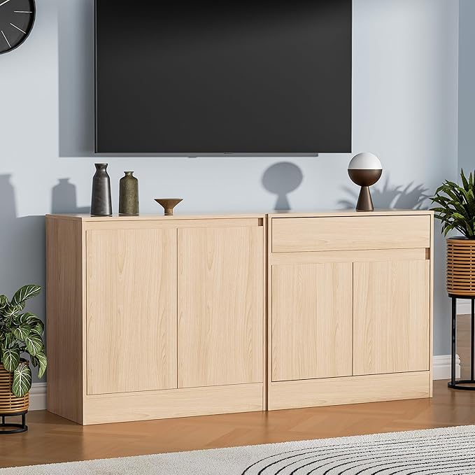 Buffet Cabinet with 2 Doors and Drawer, Coffee Bar Cabinet with Adjustable Shelf, Modern Kitchen Buffet Sideboard for Living Room, Kitchen, Oak