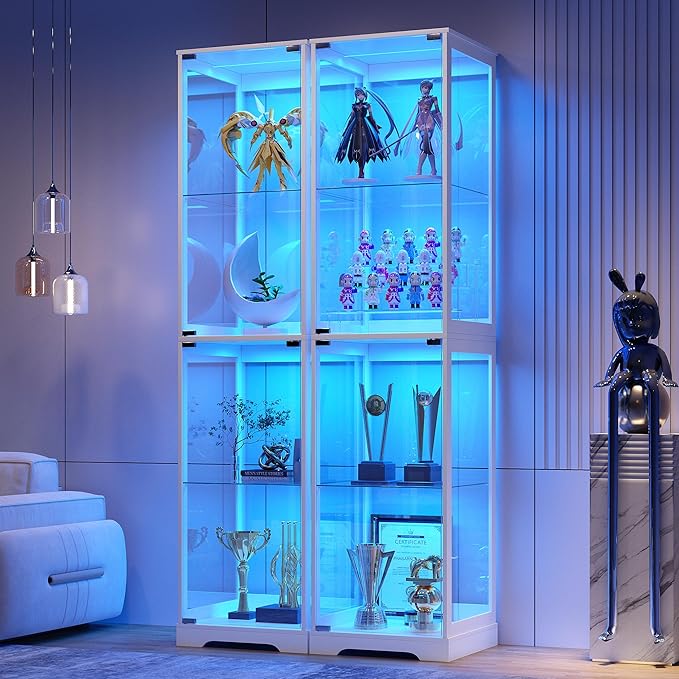 Glass Display Cabinet with Doors, 65" Tall 4-Tier Curio Display Case with 3 Color Lights and Human Body Sensor, Bookcase for Collectibles, White
