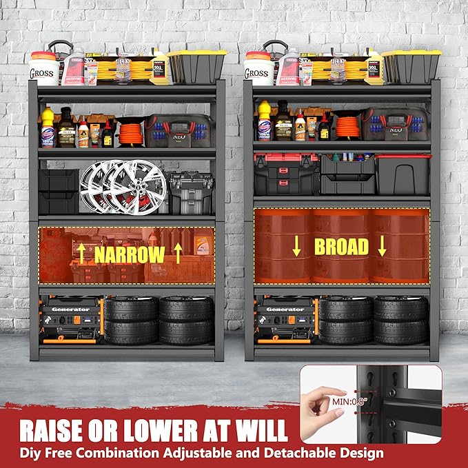 72" H Metal Garage Shelving Unit, 5-Tier Heavy Duty Storage Shelves, 3000 lbs Capacity, Adjustable, Industrial Steel Utility Shelf for Garage, Workshop, Basement, 35" Wx16 D, Black
