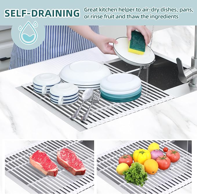 Ohuhu Over Sink Dish Drying Rack, 17.6" W x 15.4" L Roll Up Dish Racks Kitchen - Image 3