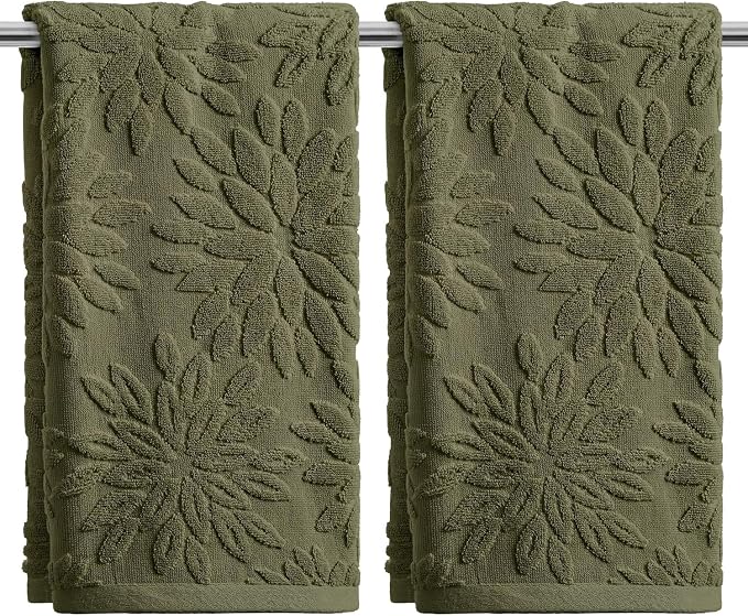 Artoid Mode 2 Pcs Olive Green 3D Dahlia Floral Jacquard Hand Towels by ArtoidMode