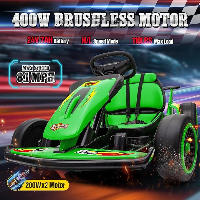 24V Electric Go Kart for Kids, Drift Kart with 400W Motors, EVA Tires, Max Speed 8.1 MPH, Music, Wireless, Electric Drifting Cart Outdoor Ride on Toy for Kids Ages 6+ (Green)