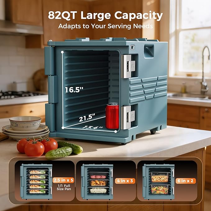 Blue 82QT Non-Electric Hot Box Food Warmer with Wheels, 304 Stainless Steel Latch, Insulated Food Carrier for 5 Full-Size Pans(NOT Included), Food Warmer Box Hot Boxes for Catering