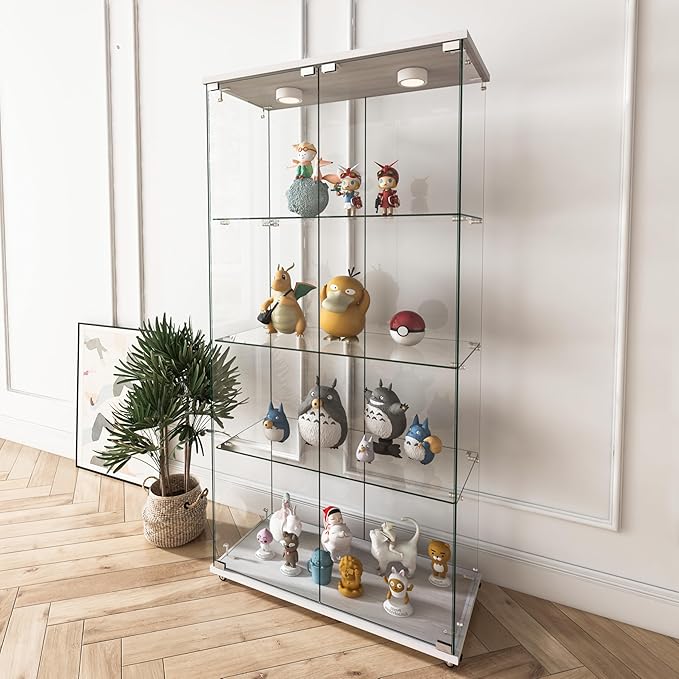 Yoluckea 4-Shelf Glass Display Cabinet with LED Lights, 2-Door Floor Standing Curio Cabinet with Universal Wheel for Home or Office, White Glass Bookshelf for Collections, Decor, and Corner Display