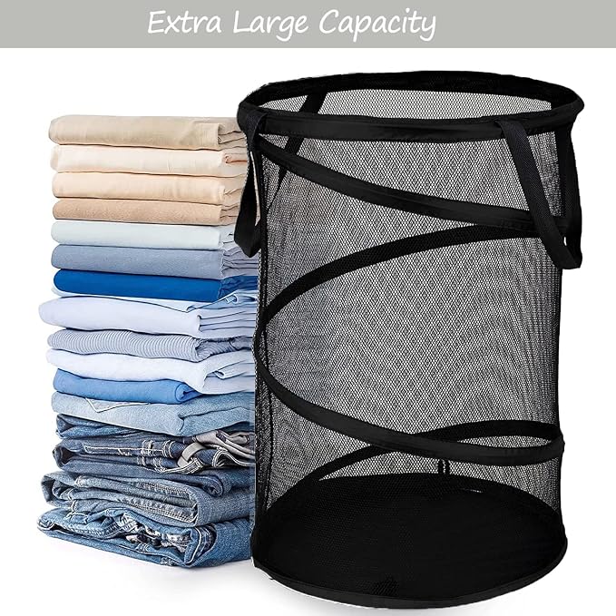 BATTOO 2 Pack Black Large Collapsible Laundry Basket Foldable Mesh Pop Up Hamper - Image 3