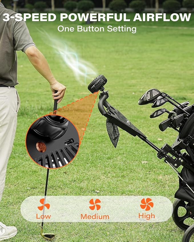 A2C Rechargeable Golf Cart Fan, 3 Speed Settings, 360° Rotation, Portable 4000mAh Battery Cooling Fan for EZGO, Club Car, Yamaha, Forklifts, Lawn Mowers, Fits 0.5"-1.5" Bars