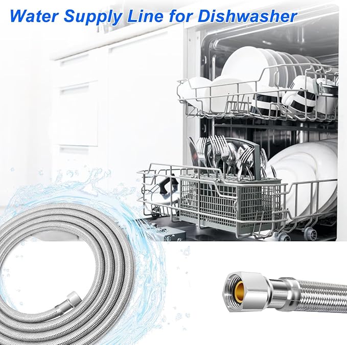 8FT Stainless Steel Braided Water Supply Line for Dishwasher, Brass 3/8 Inch Compression x 3/8 Inch Compression Connections, Food Grade PEX Inner Tube Water Hose
