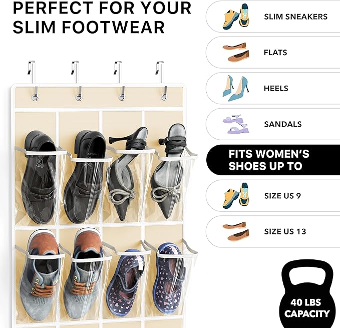 Simple Houseware 24 Pockets Clear Over the Door Shoe Organizer, 4 Durable Metal - Image 3