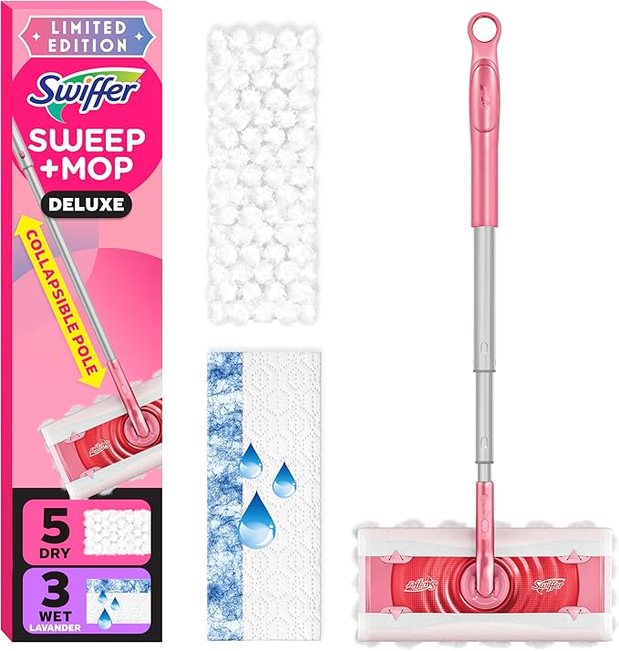 Swiffer Sweep and Mop Deluxe, Limited Edition Pink Wicked: for Good, 2-in-1 Floor Mopping and Sweeping Kit, 1 Sweeper Device, 5 Heavy Duty Dry Sweeping Cloths, 3 Heavy Duty Wet Mopping Cloths
