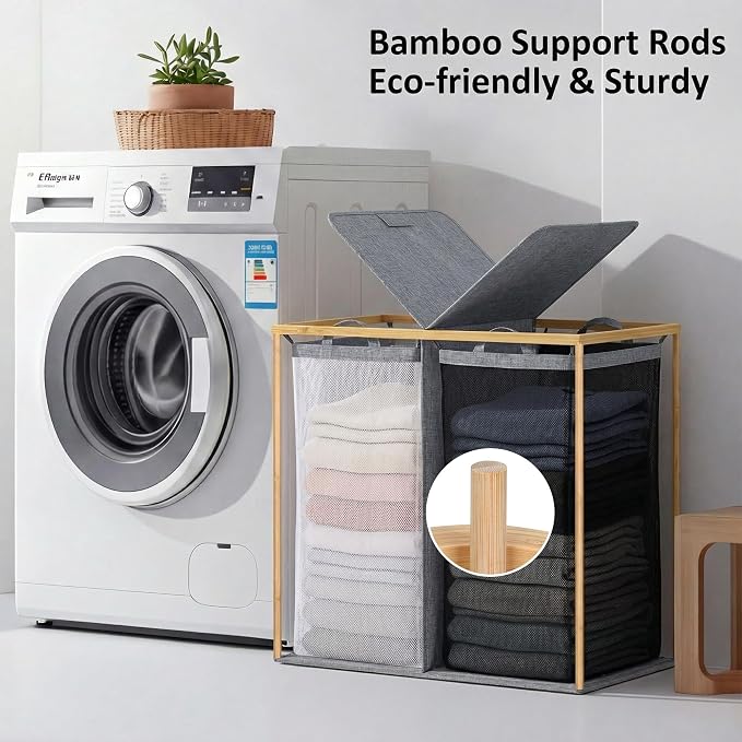 efluky Laundry Hamper with Lid, Double Laundry Basket with 2 Removable Bags - Image 3