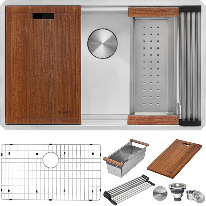 Ruvati 30-inch Undermount 16 Gauge Stainless Steel Workstation Kitchen Sink Single Bowl – Soundproof Multifunction Chef Sink with Cutting Board & Accessories, Brushed Finish Hides Scratches – RVH8310