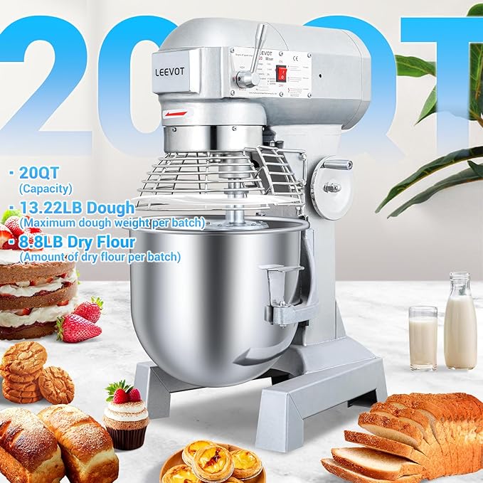 20Qt Commercial Food Mixer, Commercial Dough Mixer 1100W 3-Speeds Adjustable, Heavy Duty Electric Stand Mixer with Stainless Steel Bowl for Kitchenaid and Pizzeria (Simple)