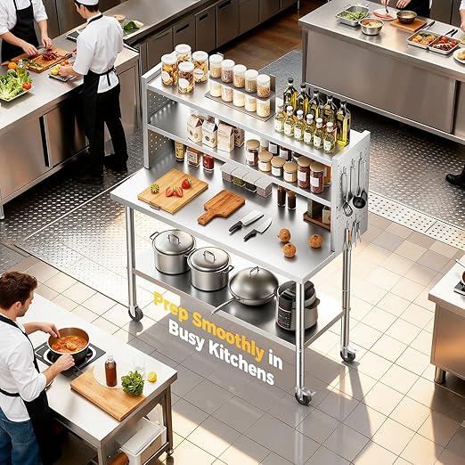 48x24 in NSF All Stainless Steel Table with Adjustable Shelf & Pegboard Panels & Casters, Kitchen Prep Table Commercial Heavy-Duty Worktable with Large Space Storage for Restaurant Garages