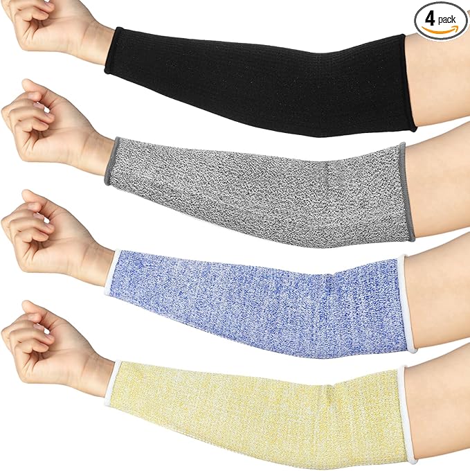 Neer 4 Pair Protective Arm Sleeves for Thin Skin Anti-Cut Burn Resistant Cover Forearm Sleeve for Cooking Construction(Black, Blue, Gray, Yellow, 11.8 Inch)