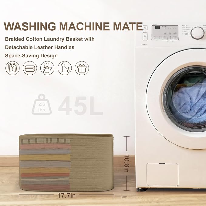 45L Small Woven Laundry Basket Hamper - Image 8