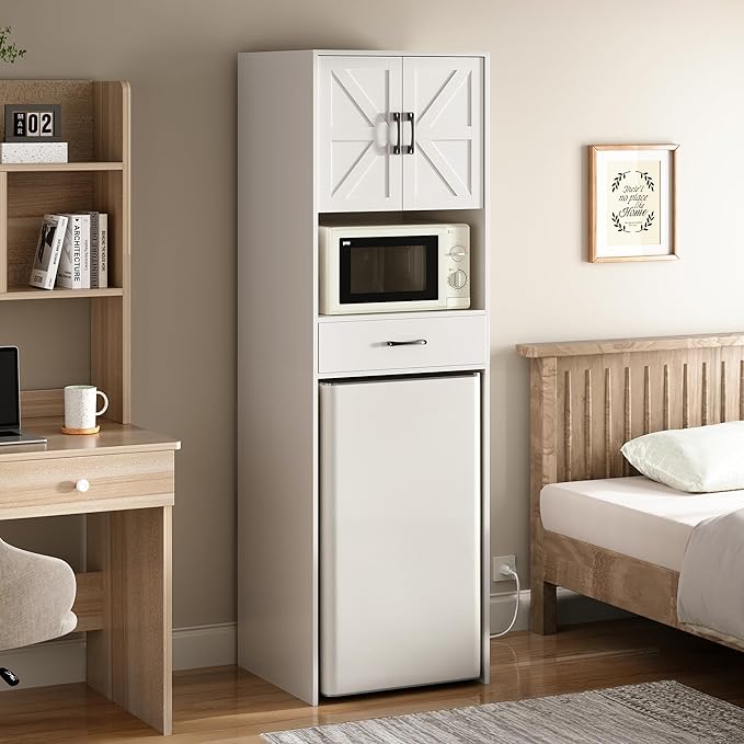 Mini Fridge Stand with Storage and Power Outlet, Coffee Bar Cabinet with Microwave Shelf, – Fits Most Mini Fridges and Wine Coolers, for Dorm, Kitchen, or Office White KH03MRW