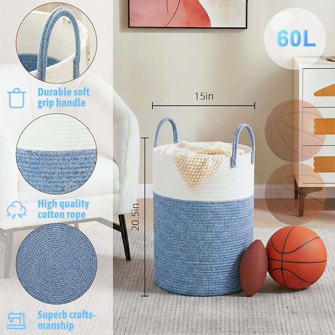 Laundry Basket, Woven Cotton Rope Laundry Hamper, 60L - Image 6