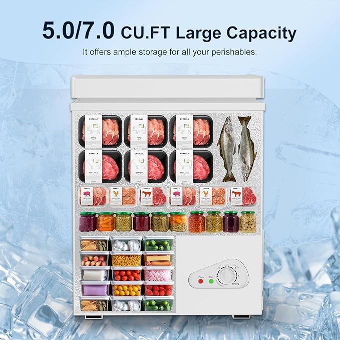 TABU 7.0 Cubic Feet Chest Freezer, Compact Freestanding Deep Freezer with 7 Level Adjustable Thermostat & Removable Basket,Top Opening, Low Noise(White, 7.0 Cu.Ft.)