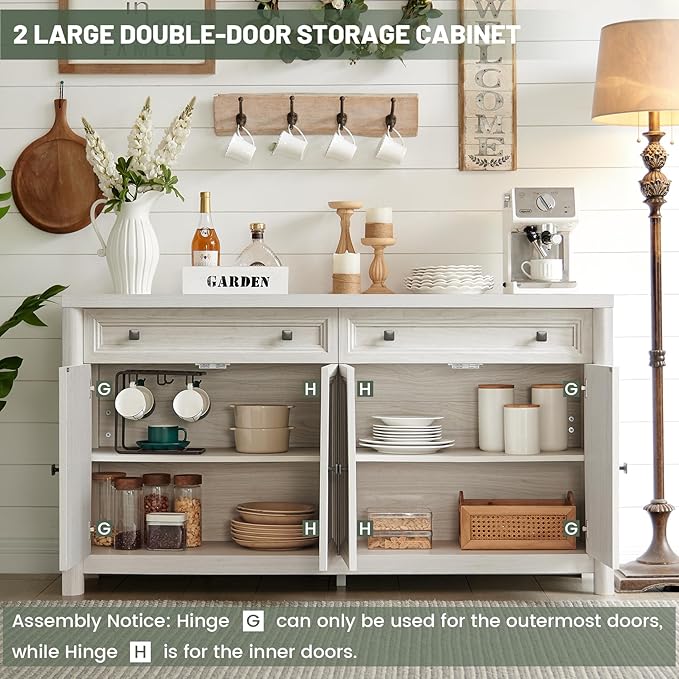 Farmhouse Sideboard Buffet Cabinet with Drawers, 59" Large Credenza Kitchen Storage Cabinets with Shelves & 4 Doors, Wood Rustic Coffee Bar Console Table for Living Room, White