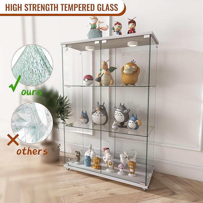 Yoluckea 3-Shelf Glass Display Cabinet with LED Lights, 2-Door Floor Standing Curio Cabinet with Universal Wheel for Home or Office, White Glass Bookshelf for Collections, Decor, and Corner Display